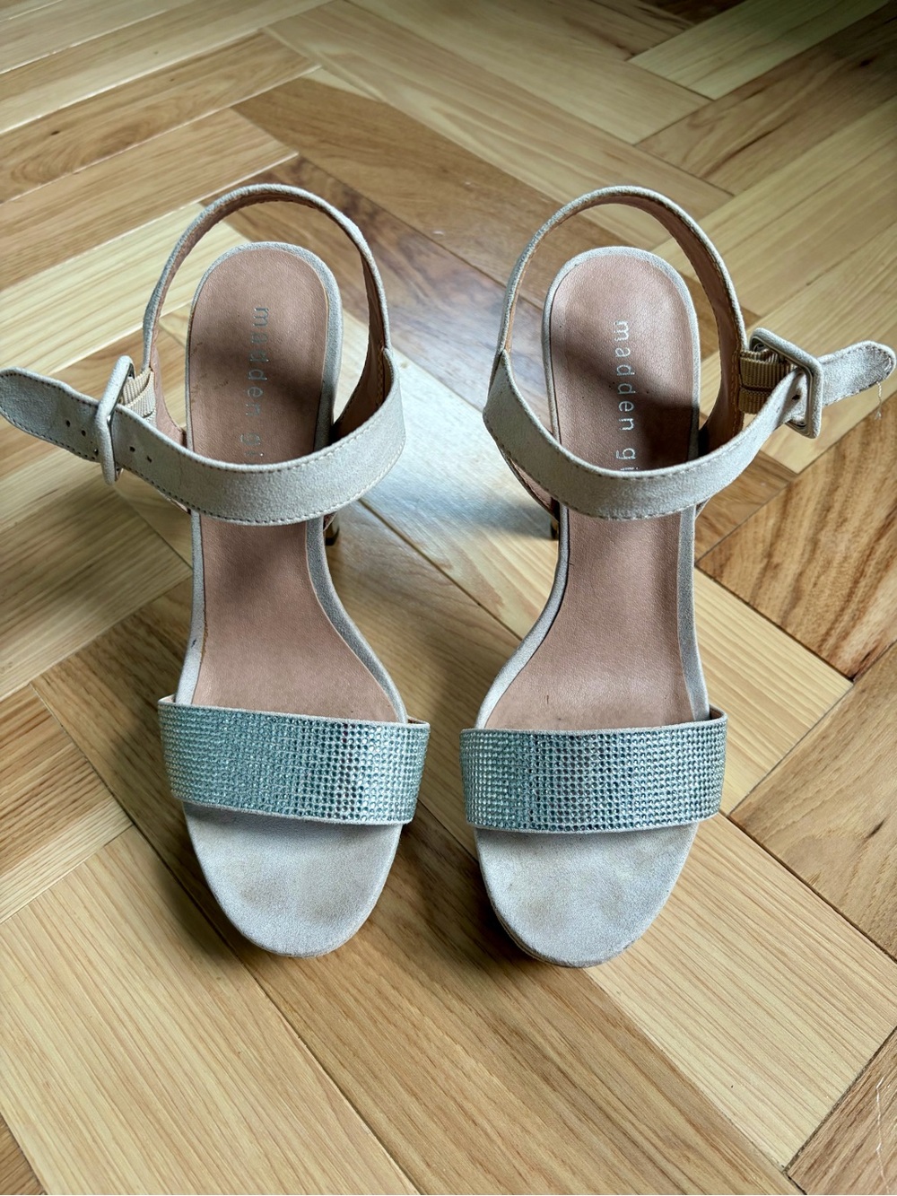 Madden Girl Nude Suede Block Heel Sandals with Sparkle Strap